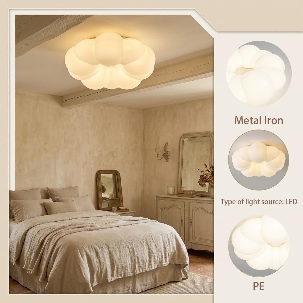 Cream Cloud Flush Mount Ceiling Light, White Petal LED Bedroom Lamp, Flower Shape Fixture for Kids Room, Nursery
