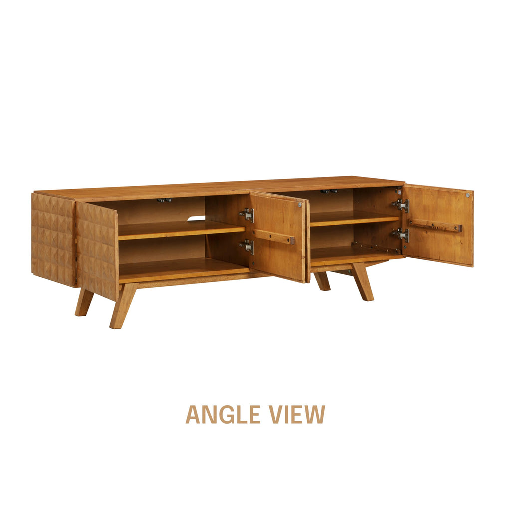 Sapa Mid-Century Modern Solid Wood TV Stand 4-Door Media Console with Carved Geometric Fronts for TVs up to 75"