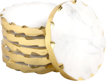 Real Marble Coasters with Golden Borders, decoratice White & Gold Coasters for Desk, Coffee Table | Thick & - Set of 6