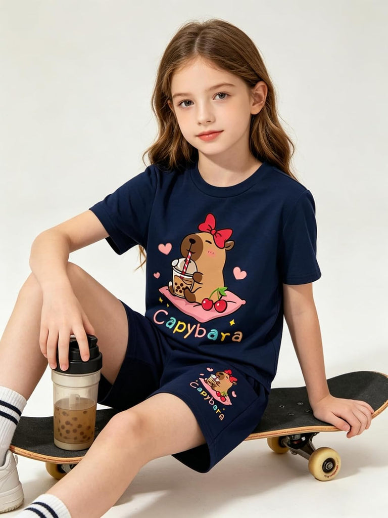 Girls Summer Clothes Cute Capybara Print & Cherry Bow Short Sleeve Shorts Set Tween Girl Outfits