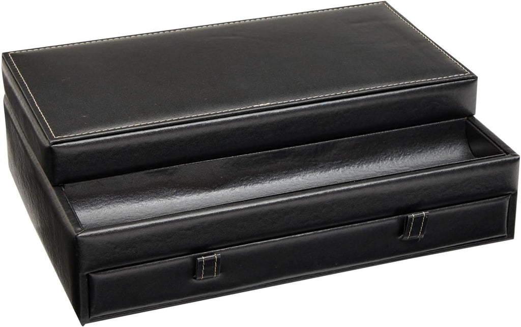 Jewelry Box Organizer and Holder - Black Watch Box with Leather Valet Tray Improvement - 12.6 x 9 x 4 In - Mens