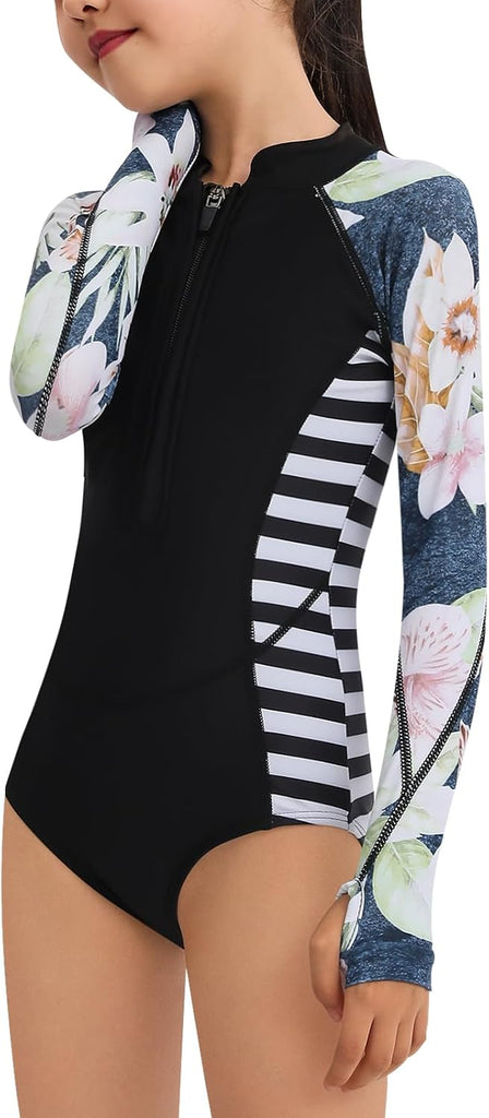 Girls Long Sleeve Rashguard Swimsuit UV Protection One-Piece Swimwear Bathing Suit