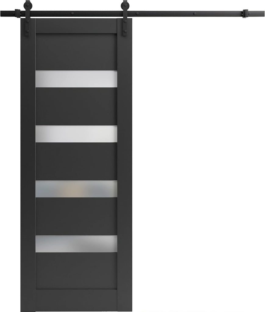 Quadro 4113 | Interior Single Sliding barn Door with Frosted Glass, MDF, 36x84, Black, Modern Style 