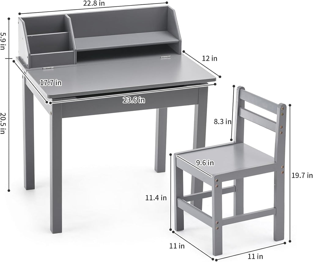 Bamboo Toddler Desk and Chair Set with Lift-Top Storage, Kids Study Table with Hutch and Bookshelf, Writing Reading