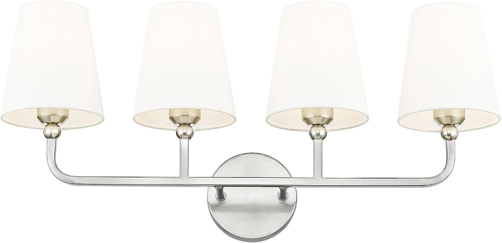 4-Light Brushed Nickel Bathroom Vanity Light, White Fabric Shades | Ideal for 32-42" mirrors, 28" bathroom light