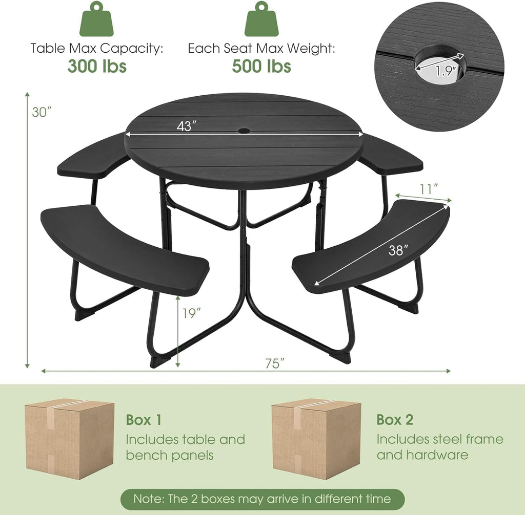 Round Picnic Table for Outdoors, 8 Person Outdoor Picnic Tables & Benches Set with Umbrella Hole, HDPE Tabletop &