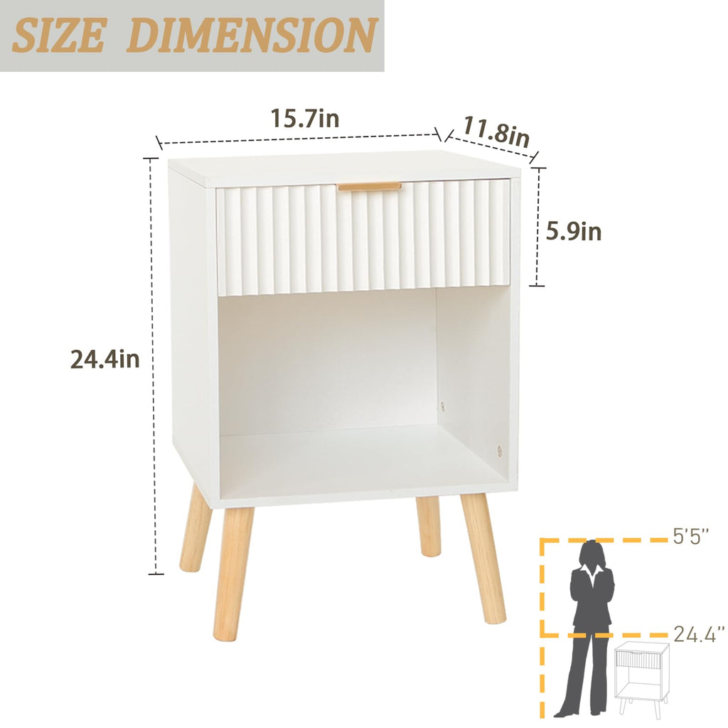 White Fluted Nightstand, Modern Bedside Table with Drawer and Shelf