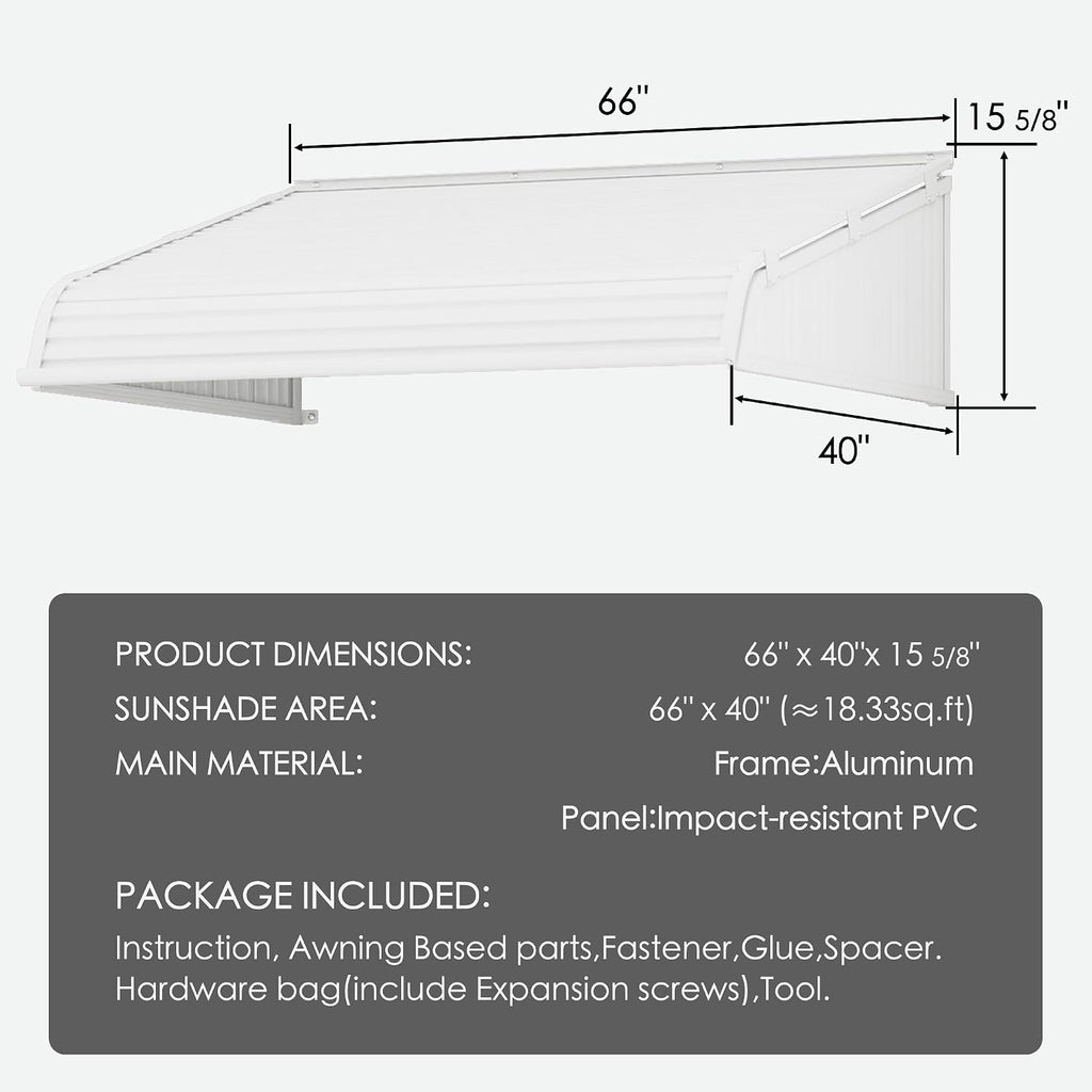 Window Awning 66''W x 40''D with 2 Side Wings | Aluminum Frame with Impact-Resistant PVC Panels, Shade Angle Set