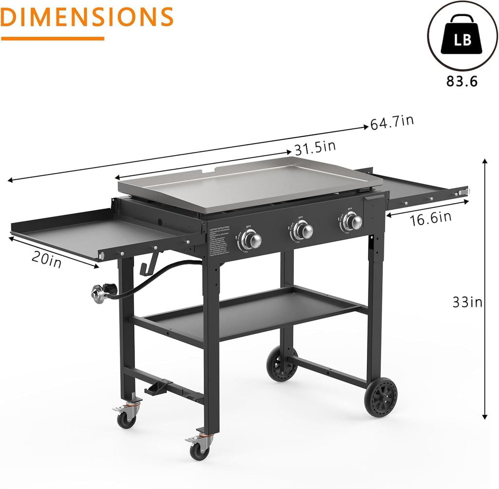 3-Burner Propane Gas Griddle, 31.5-Inch Portable Flat Top Grill, 45,000 BTU Tabletop Foldable Griddle with Side Shelves