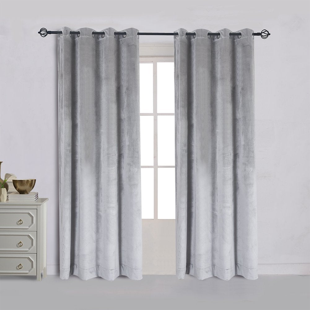 Super Soft Luxury Room Darkening Velvet Silver Gray Classic Blackout Curtains Panels Home Theater Grommet Drapes