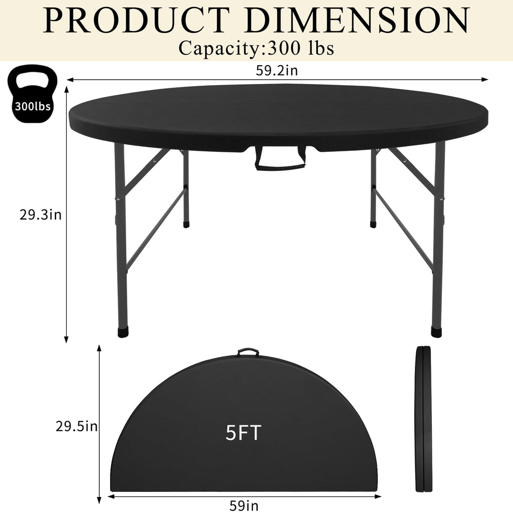 5 FT Round Folding Tables with Carrying Handle 60 inch Heavy Duty Portable Plastic Commercial Table Steel Legs for