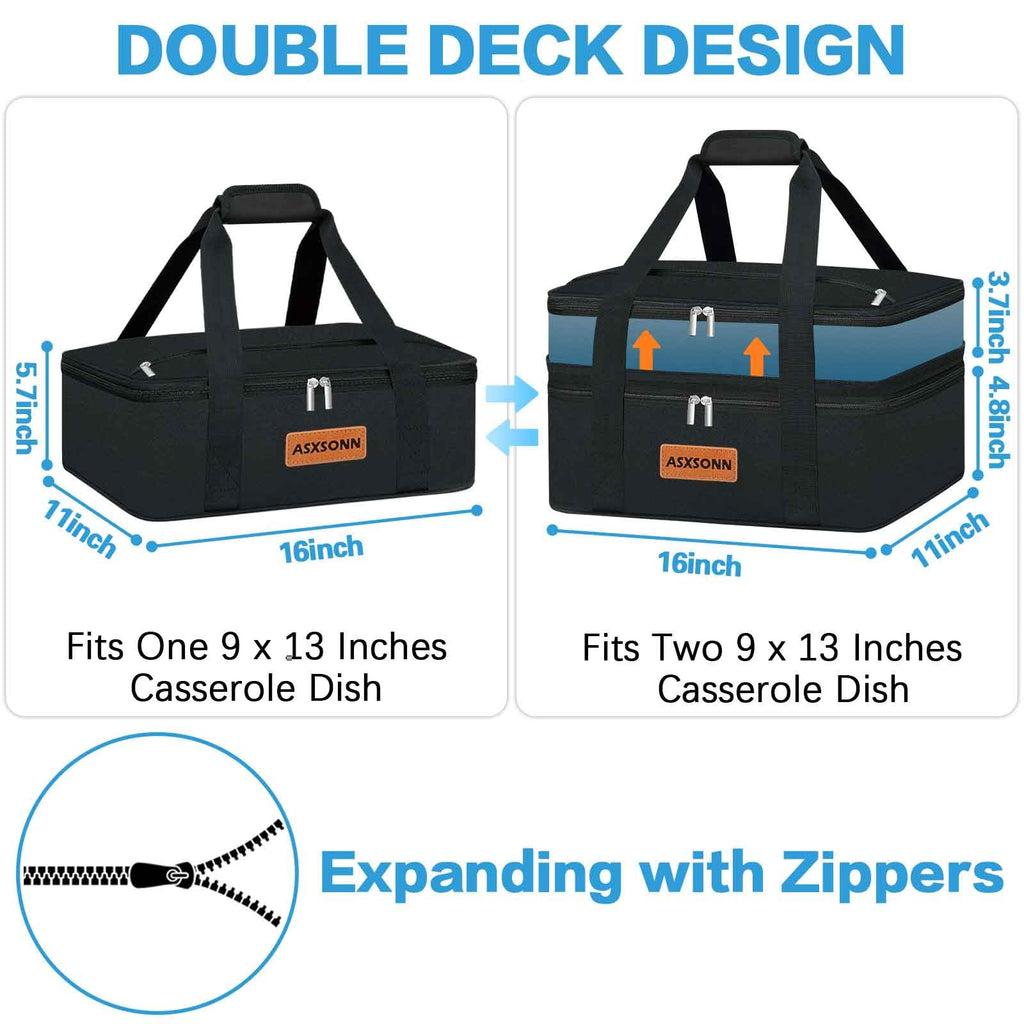 Double Decker Insulated Casserole Carrier for Hot or Cold Food, Large Lasagna Lugger Tote Fits 9"x13" Baking Dish