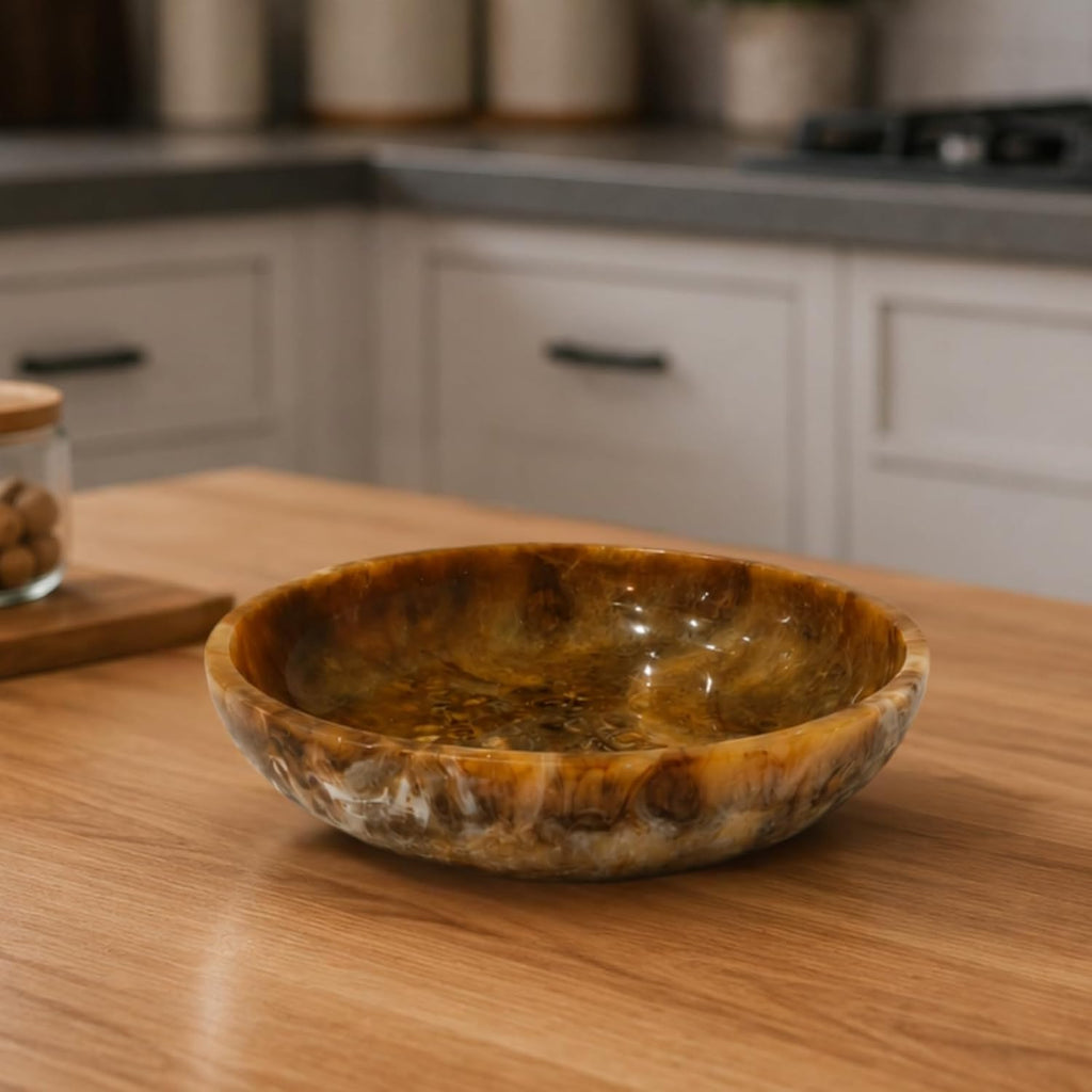 Luxury Marble Resin Decorative Bowl Decor | Handcrafted Round Serving & Centerpiece Bowl | Elegant Brown Gloss Finish