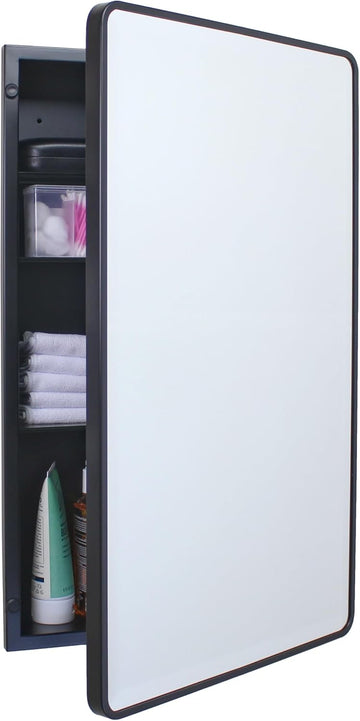 16x26 Austin Farmhouse Metal Framed Rounded Rectangle Recessed Bathroom Medicine Cabinet, Beveled Mirror, 14x24