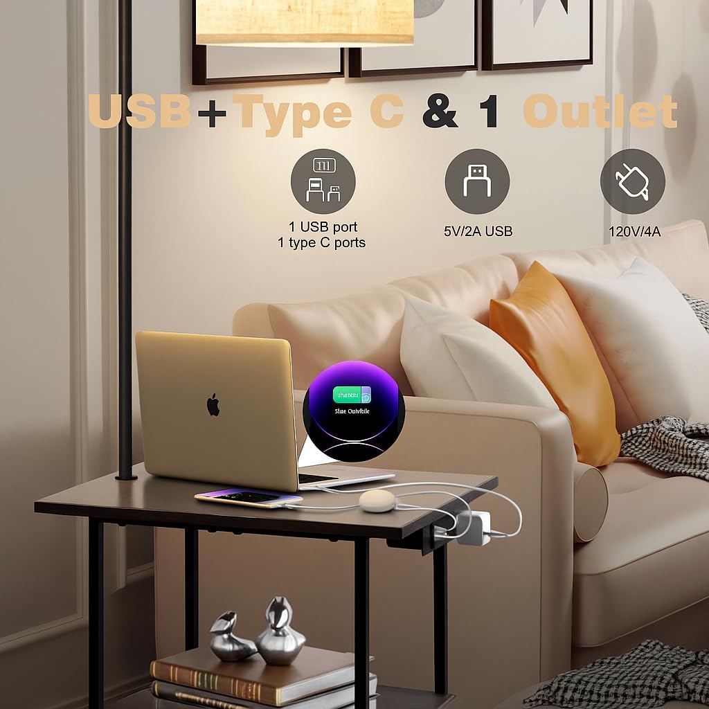 Floor Lamp with Table, End Tables with Charging Station