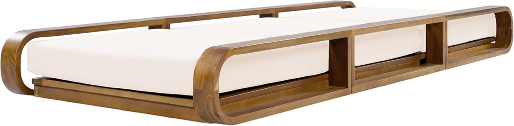 Teak Finish Acacia Wood Chaise Lounge - 1 Pcs Frame + 1 Pcs 4" 3-Fold Cream Water-Resistant Cushion, 400lbs Capacity
