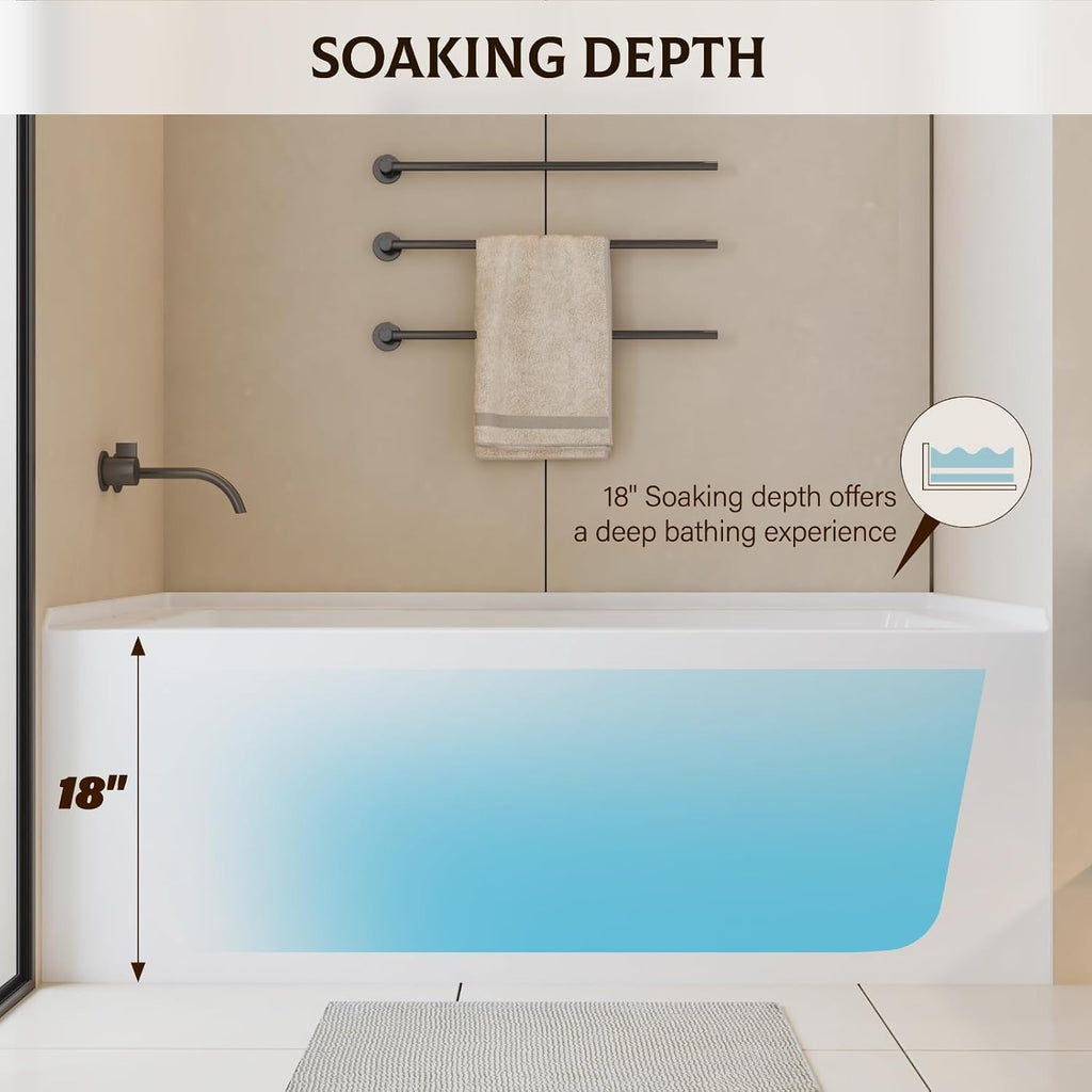 60 Inch Alcove Soaking Bathtub, Rectangular Acrylic Tub with Integral Apron, Left Drain, Glossy White Finish, Brushed