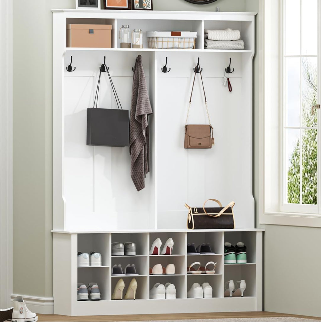 Hall Tree with Bench and Shoe Storage, 53" Farmhouse 4-in-1 Mudroom Storage Organizer with Coat Rack, 6 Hooks, 12