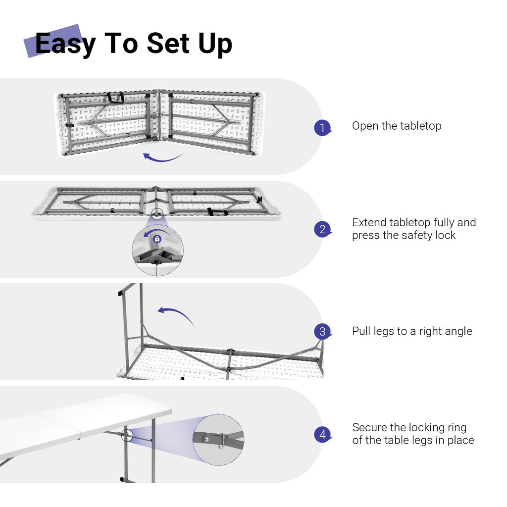 Folding Table 6FT Narrow Portable Plastic Heavy Duty Table, White