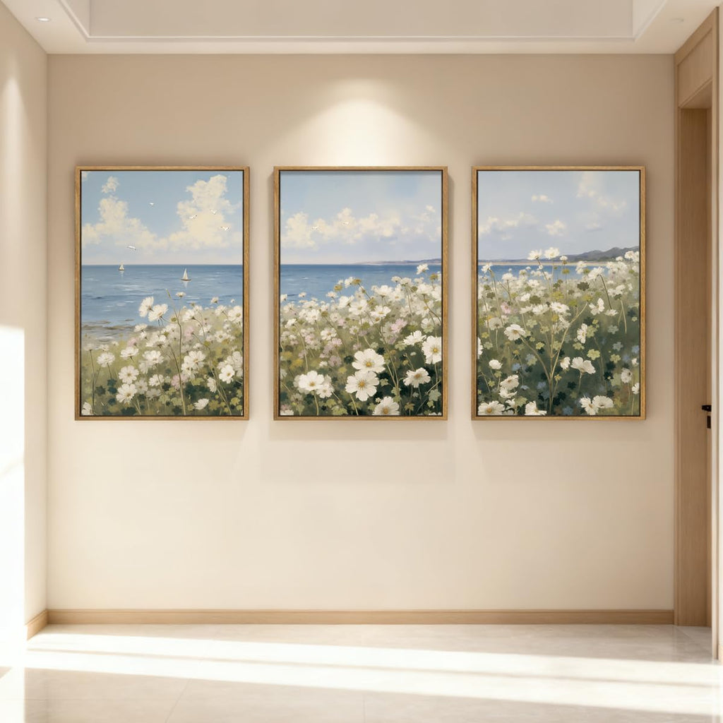 Large Farmhouse Flower Framed Wall Art 16x24 Inch Coastal Wildflower Canvas Wall Decor Modern Landscape Painting