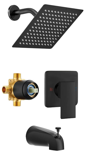 8" Square Rainfall Shower Faucet Set with Tub Spout, Matte Black