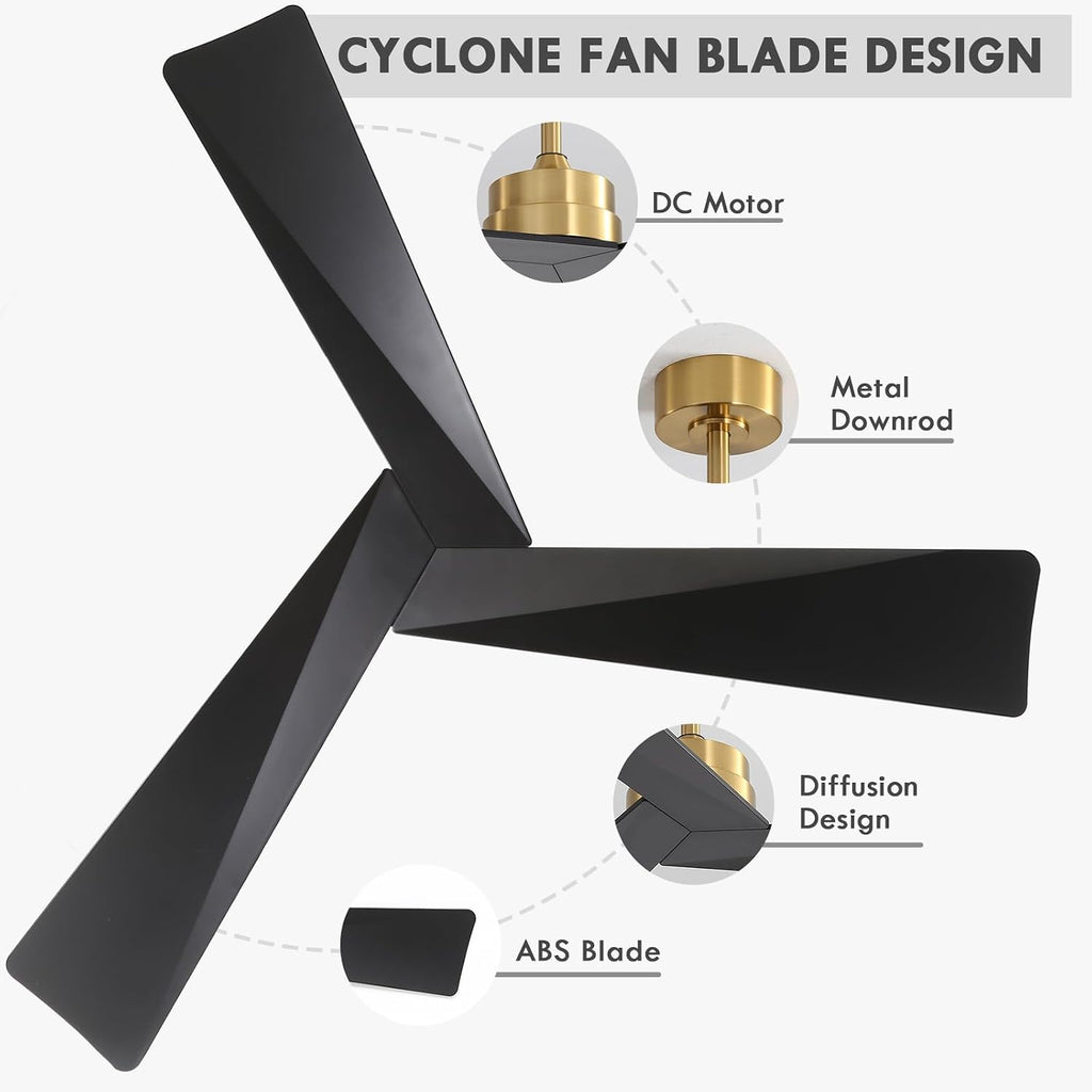 Inspired Adler Style 52" DC Ceiling Fan Without Light, 3 Sculpted ABS Blades, 6-Speed Remote - Brass and Black
