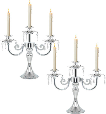 Metal 3 Arm Candelabra with Crystal Pendants - 11.8 Inch Tall Candle Holders, Set of 2 - Elegant Taper Candlestick