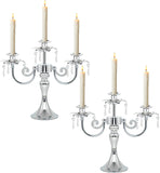 Metal 3 Arm Candelabra with Crystal Pendants - 11.8 Inch Tall Candle Holders, Set of 2 - Elegant Taper Candlestick