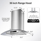 36 Inch Stainless Steel Island Mount Range Hood 1200 CFM 4 Speed Gesture & Touch Control, LED Lights
