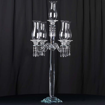 40" 5 Arm Premium Crystal Glass Taper Candle Holder Candelabra with Chandelier Chains