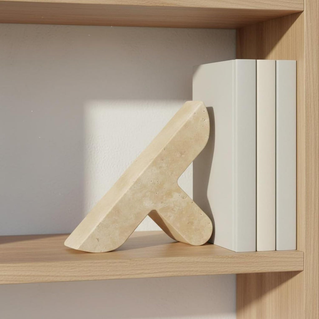 Stone Bookend Travertine Herringbone Minimalist with Sculptural Form Holds Books Blends with Contemporary Decor