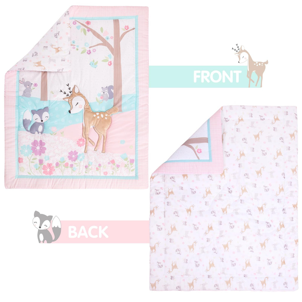 Crib Bedding Set for Girl 3 Piece Woodland Baby Girl Crib Bedding Set