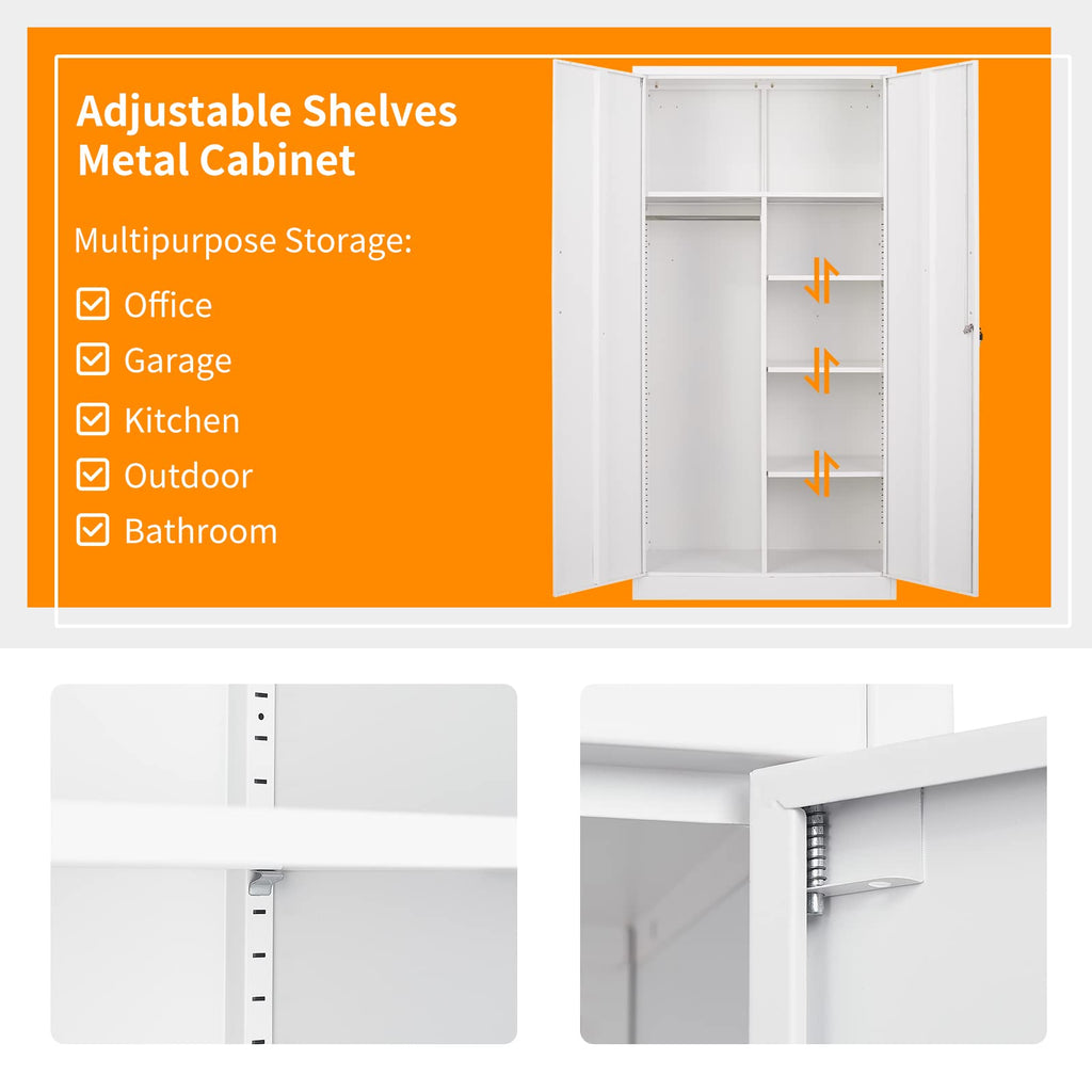 Steel Wardrobe Cabinet with 2 Doors, White Metal Locker Cabinet for Storage with Hanging Rod and 4 Shelves, Lockable