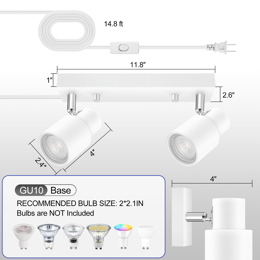 Plug in Track Lighting Fixtures Ceiling, White Track Light LED, 2-Light Track Lights with Cord, 2 Way Ceiling