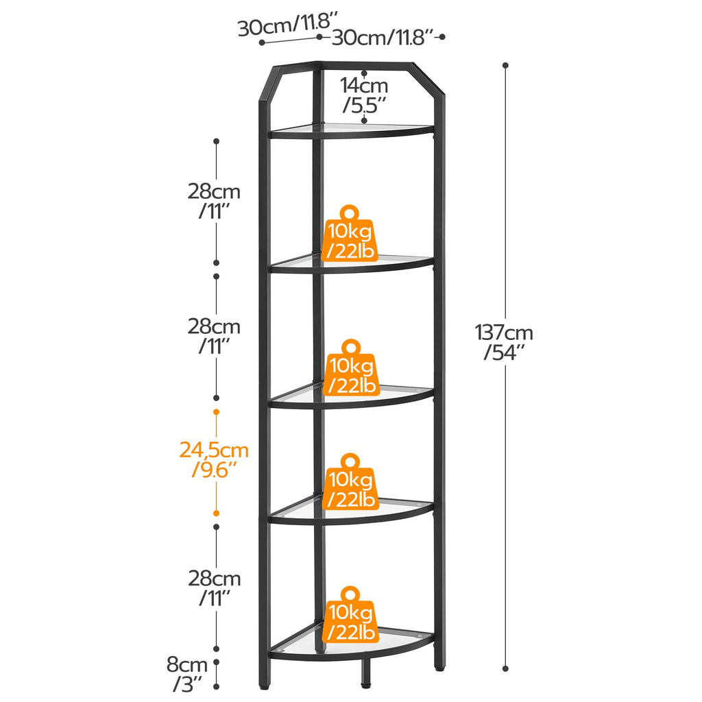 5-Tier Corner Shelf Stand, Gold Corner Bookshelf, Tempered Glass Shelves, Bathroom Organizer, Corner Plant Stand