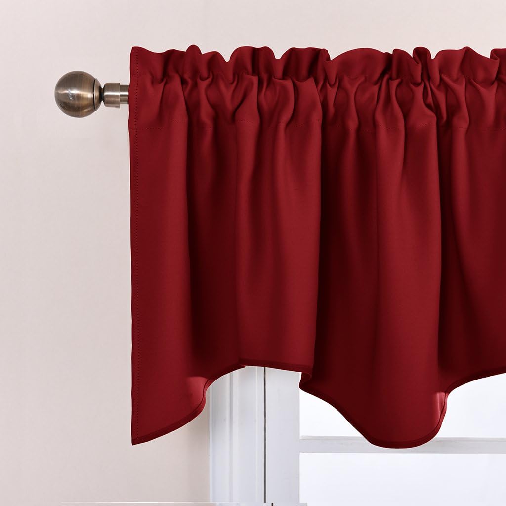 Burgundy Red Blackout Valances, Thermal Insulated Elegant W52 x L18 Scalloped Rod Pocket Curtains Small Window