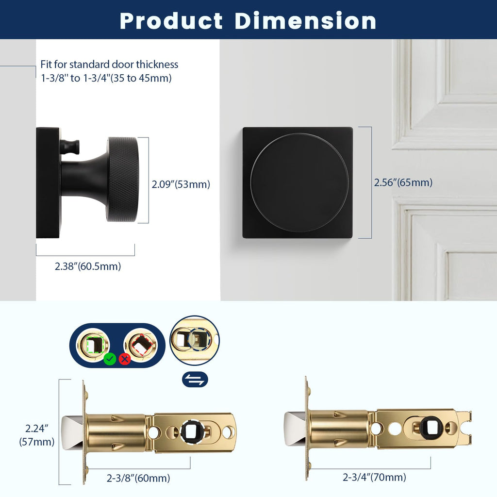 Matte Black Privacy Door Knobs Interior, Zinc Alloy Keyless Black Door Knobs with Lock , Knurled Heavy Duty Square