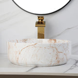 White Marbling Bathroom Vessel Sink with Waterfall Faucet and Pop-Up Drain Combo,14 Inch Ceramic Vessel Sink Above