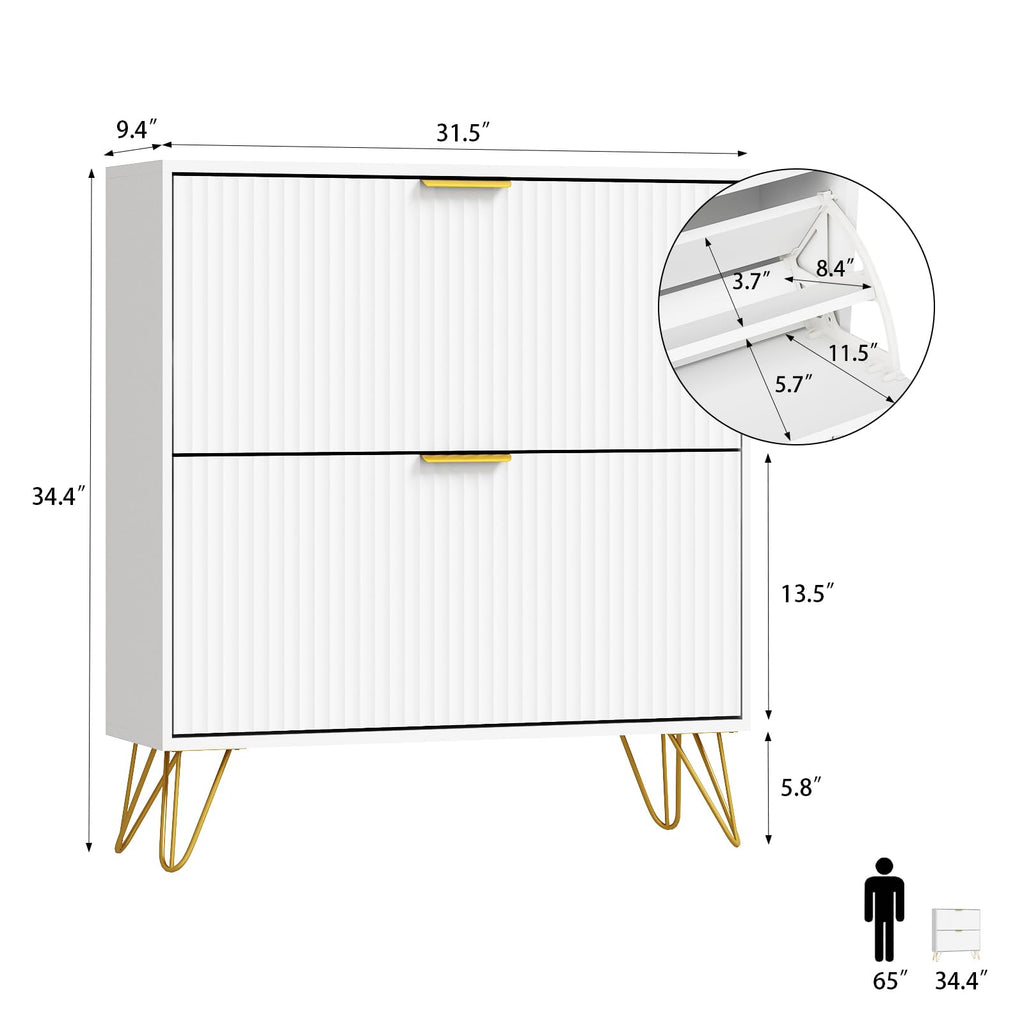 34.4" H Fluted Shoe Storage Cabinet with 2 Flip Drawers, White[Hidden Shoe Cabinet Storage, Narrow Freestanding Shoe