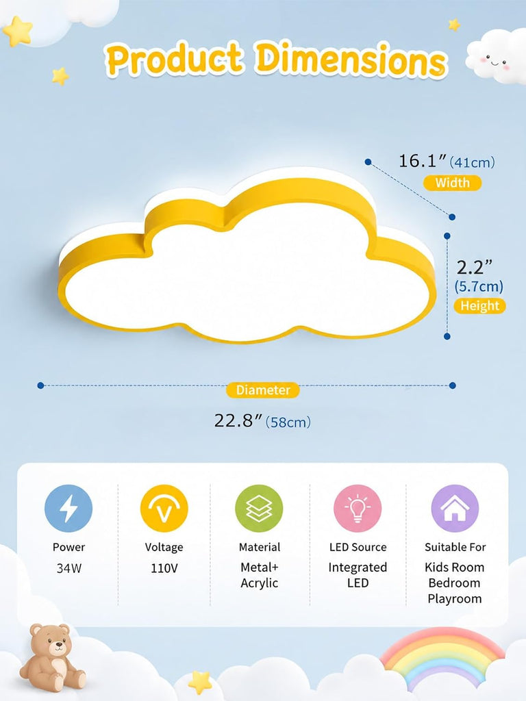 Yellow Cloud Ceiling Light with Remote, 23" Kids Room LED Flush Mount Ceiling Light, 3 Color Temperatures