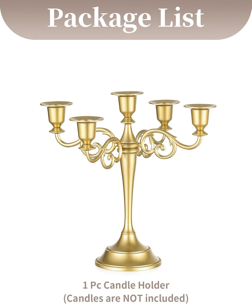 Gold Candelabra Table Centerpiece: 10 Inches Candelabra Candle Holder for Taper Candlesticks - 5 Arms Metal