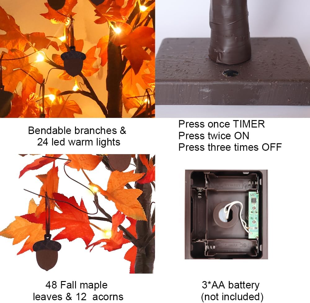 Fall Decorations, Thanksgiving Decorations, 24"/2FT Lighted Fall Maple Leaves Tree with 24 LEDs for Autumn Decor, 12