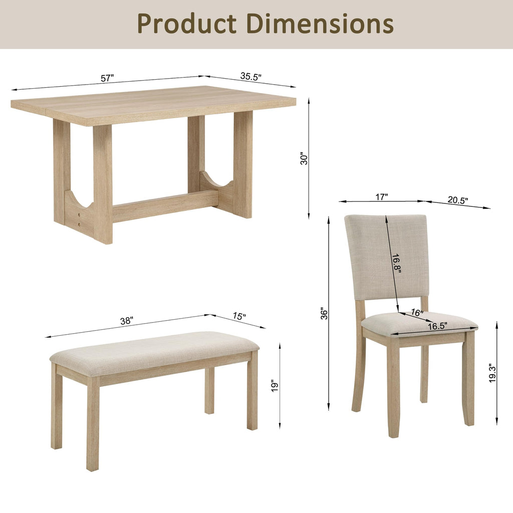 6 Piece Dining Table Set with Bench, Wooden Rectangular Kitchen Table Set with Bench and 4 Upholstered Chairs