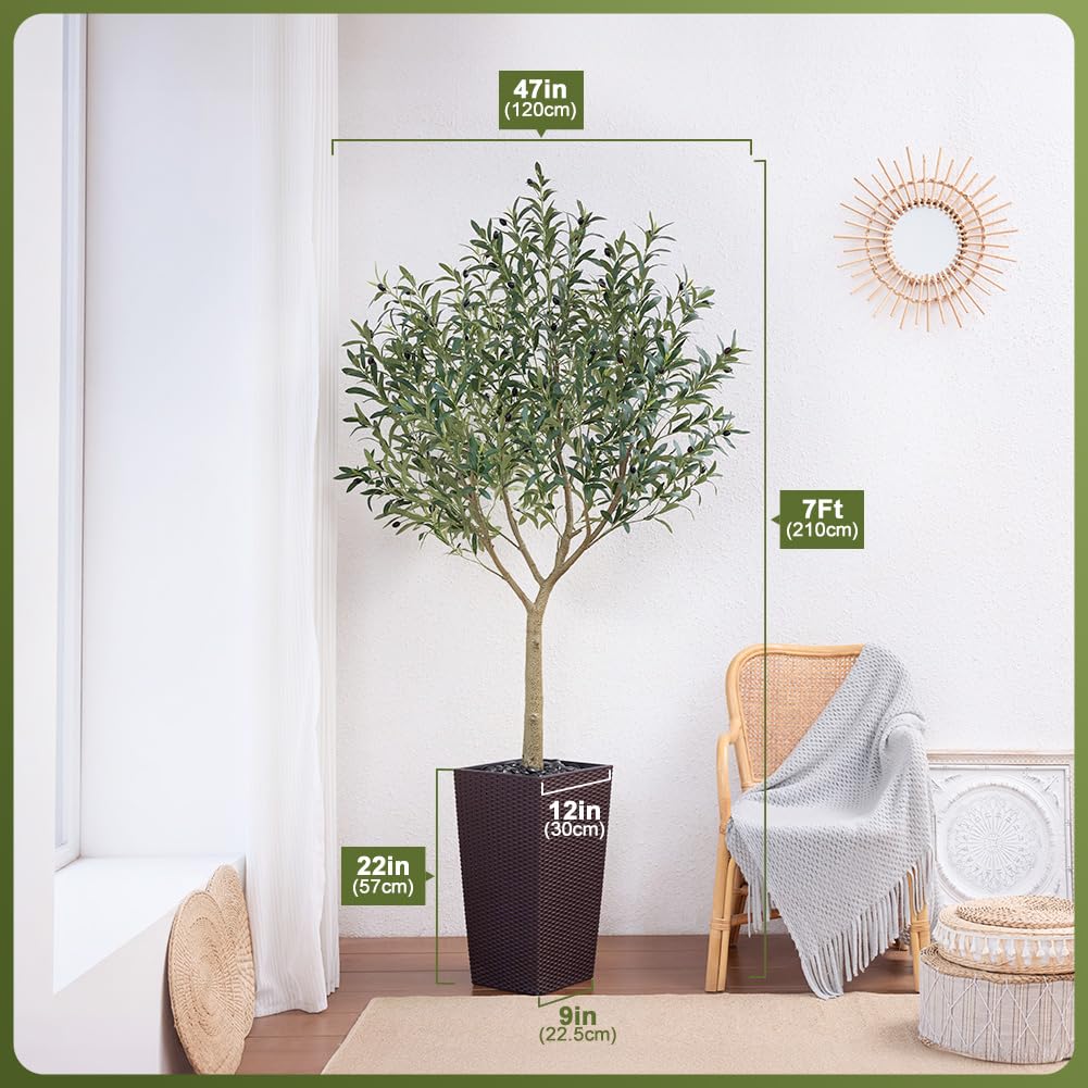 Artificial Olive Tree 7FT, UV Resistant Tall Fake Tree Indoor Outdoor with Brown Taper Planter & Pebbles - Potted