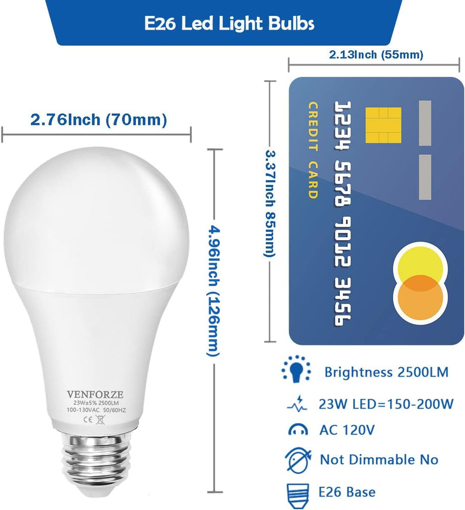Bright Light Bulb,150w-200w Equivalent 2500LM E26 Led Bulb 23W Cool White 4000K A21 Led Light Bulb Non-Dimmable 2-Pack