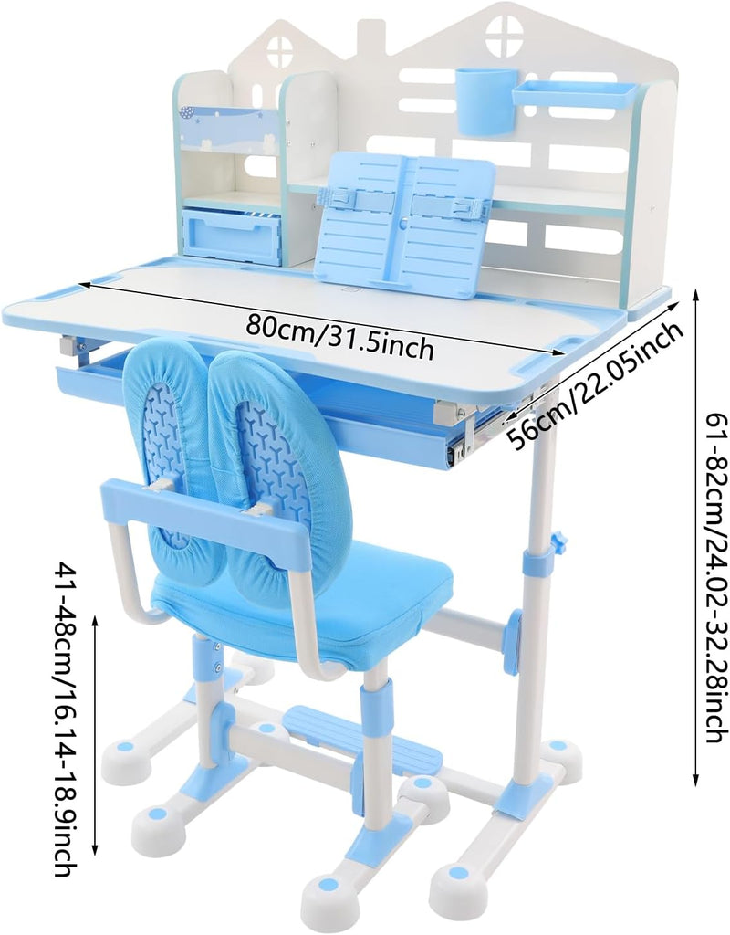Adjustable Kids Desk & Chair Set Ergonomic Tilting Table with Storage Blue