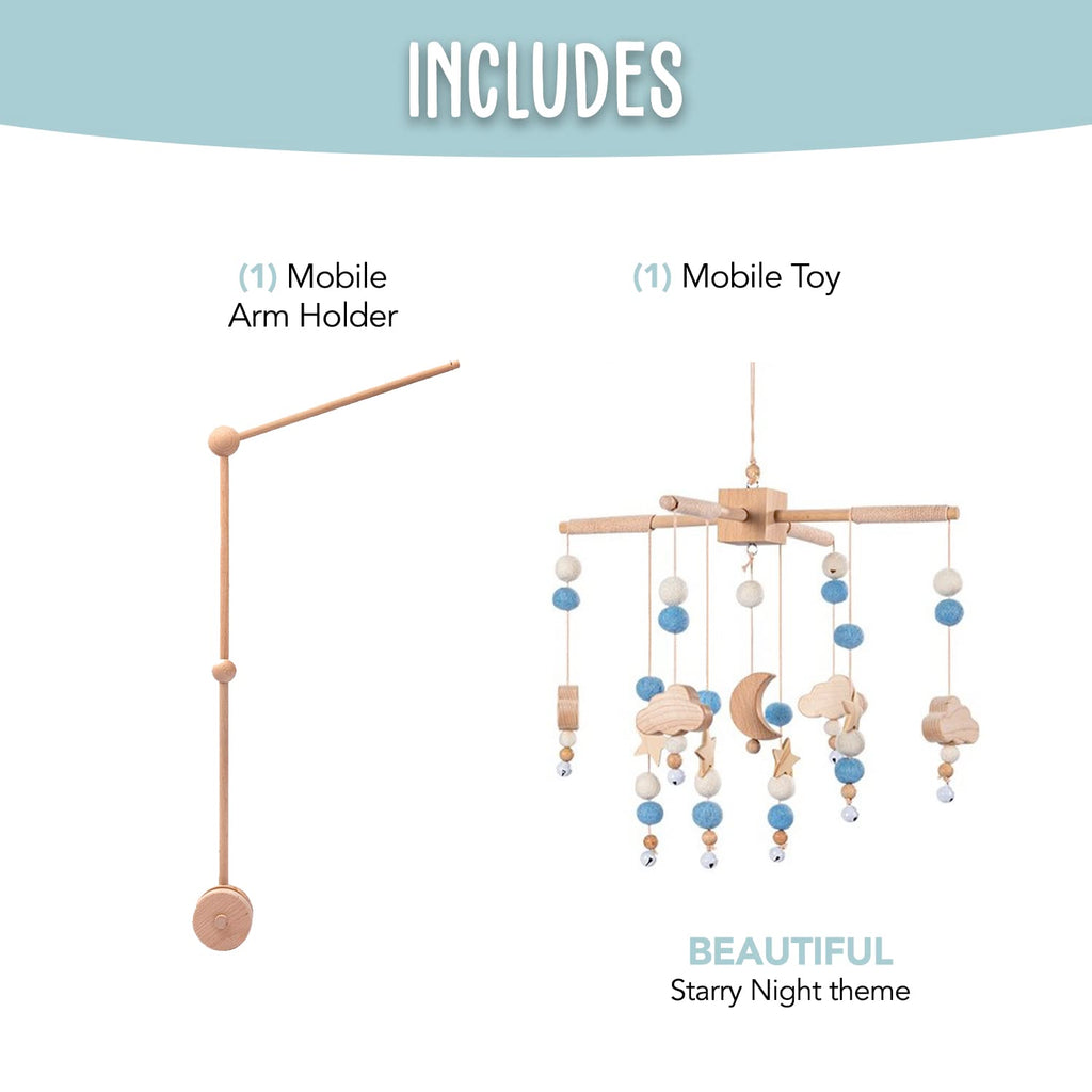 Starry Night Baby Mobile Toy and Mobile Arm Holder 2 in 1 Set for Crib | Wooden Beads and Stars Bed Hanger for Boys