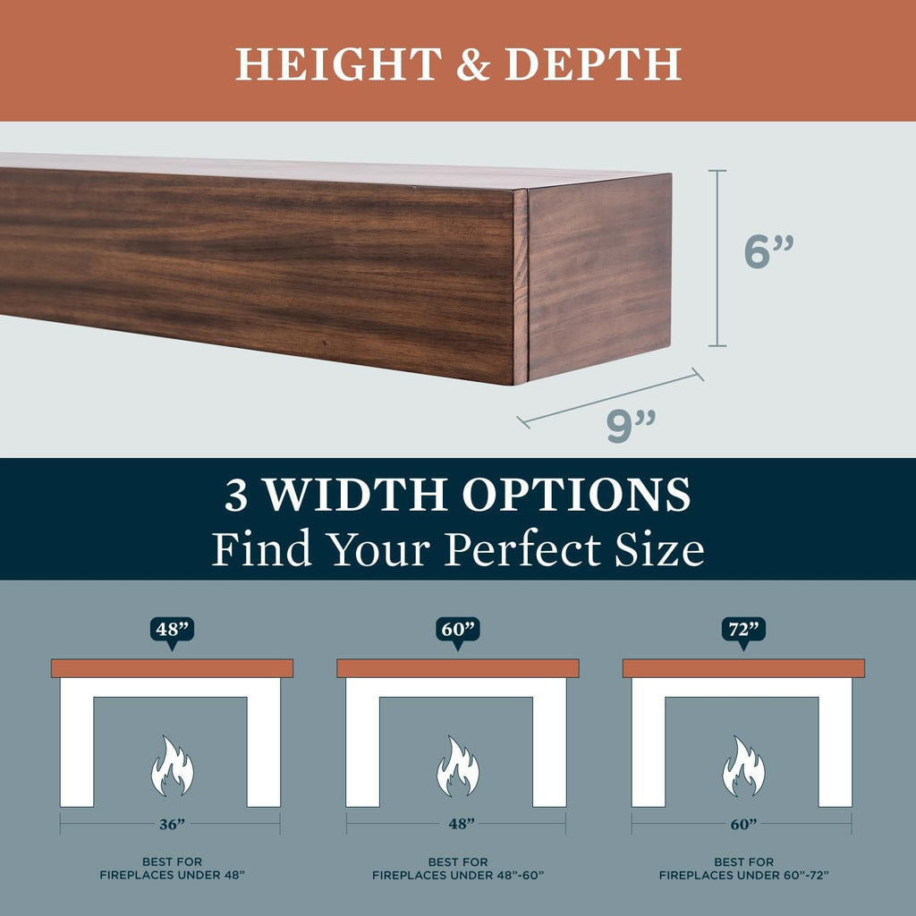Floating Wood Mantel Shelf with Hidden Storage Compartment - Mocha 60 Inch | Beautiful Wooden Rustic Shelf