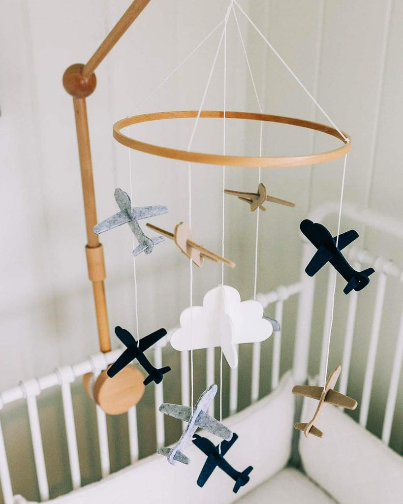 Baby Crib Mobile, Wooden Nursery Decor (Airplanes, Grey)
