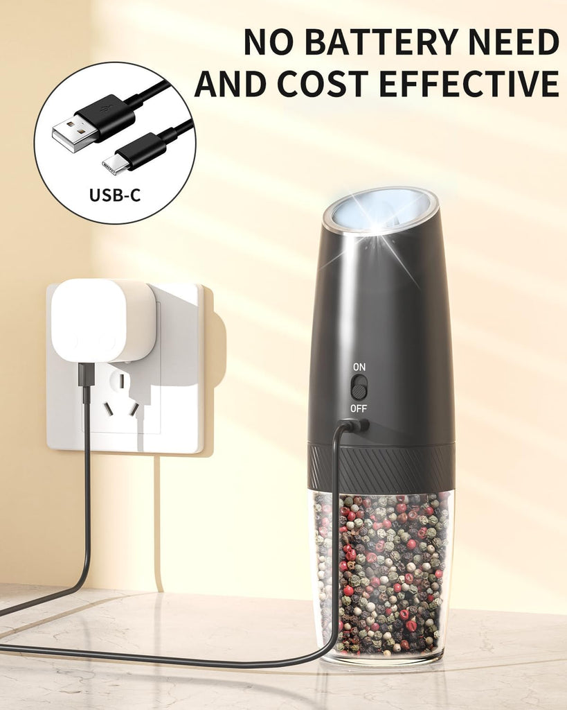Rechargeable Salt and Pepper Grinder Set Gravity Electric Salt and Pepper Grinder Set, LED Light, Adjustable - Set of 2